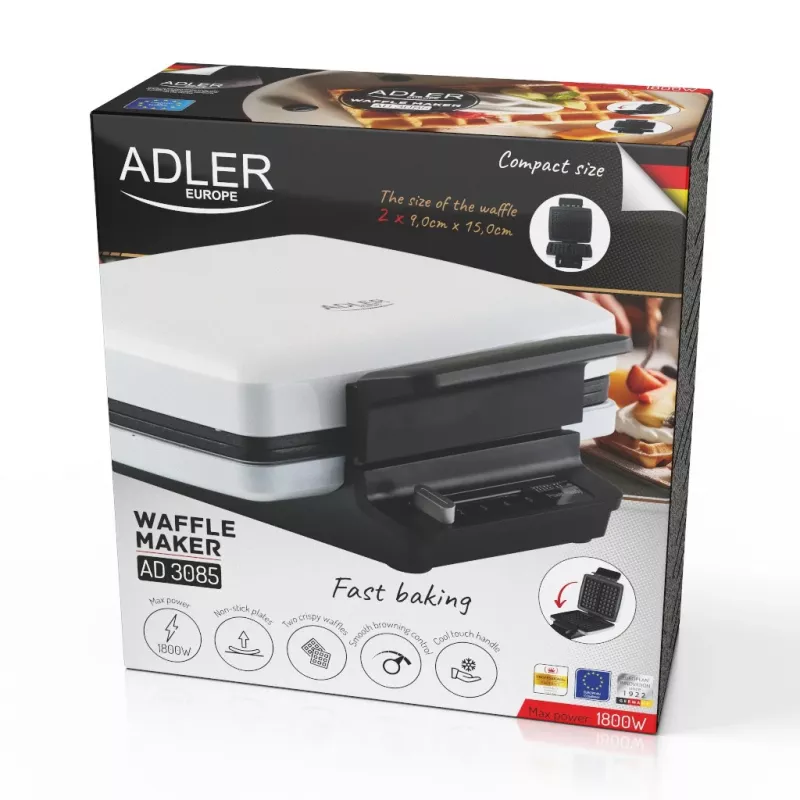 Máquina de waffles Adler AD 3085 — 1200 W, 2 waffles retangulares 9×13 cm, temperatura ajustável, placas antiaderentes