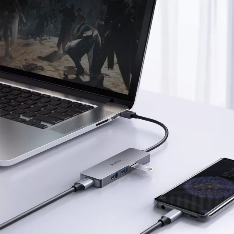 Hub USB Aukey CB-H36 — 4 portas USB 3.2 Gen 1 Type-A, host USB 2.0, 5000 Mbit/s, alumínio prateado