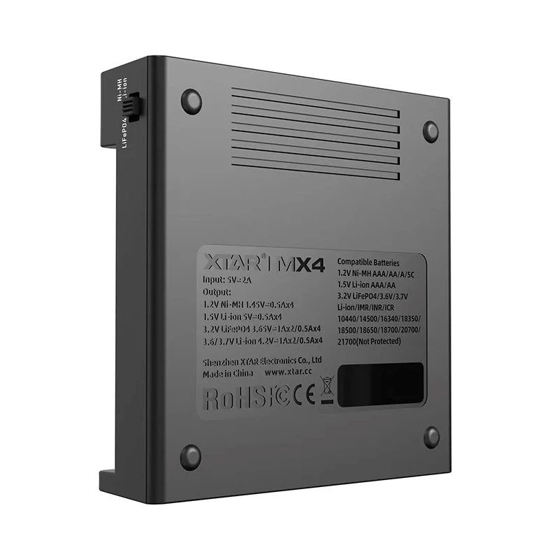 Carregador XTAR MX4 4 slots universal Li-Ion NiMH USB-C, preto, suporta 4 pilhas