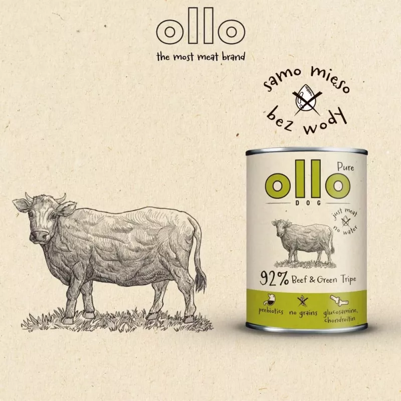 OLLO Pure Beef and Green Tripe comida húmida para cães, 400 g