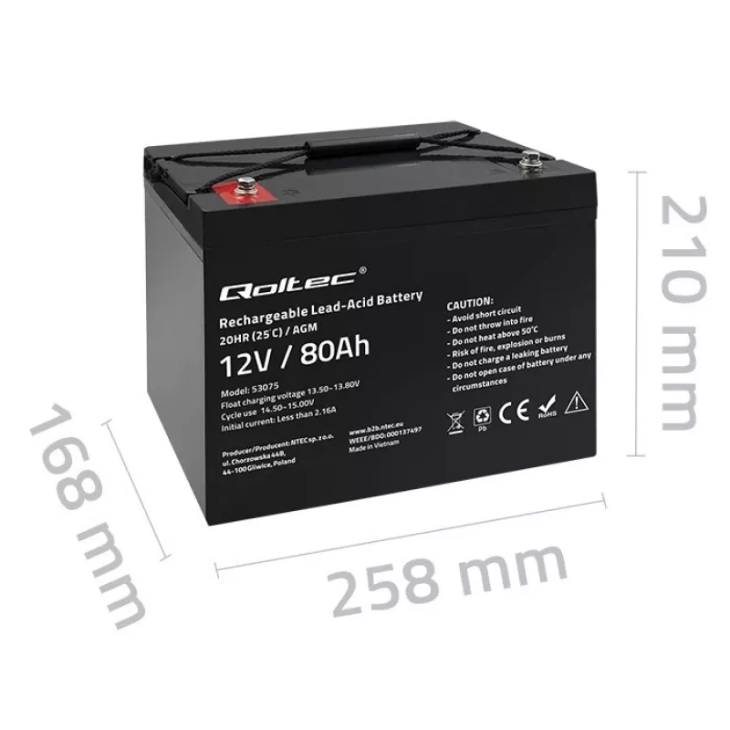 Bateria AGM Qoltec | 12V | 80Ah | 23,5kg | sem manutenção | potente | LongLife | para UPS, autocaravana, barco, forno