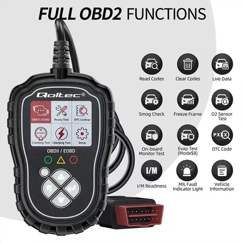 Testador de diagnóstico OBDII QOLTEC ProLine 50685 — scanner OBD-II automóvel para sistemas de 8V/25V