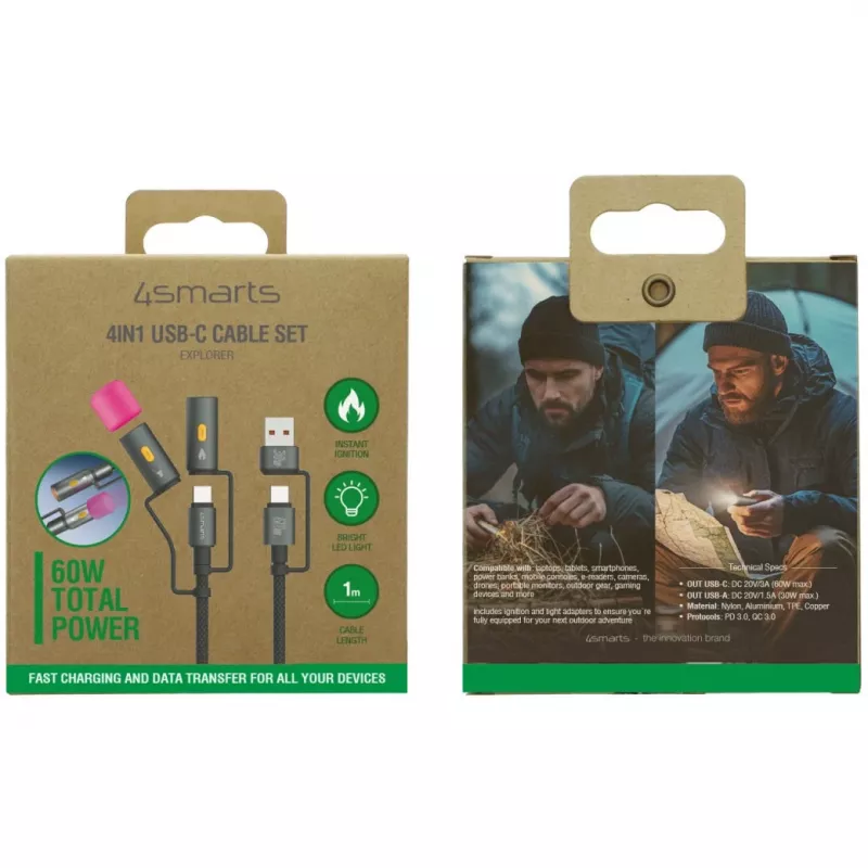 4smarts conjunto de cabos USB-C 4 em 1 Explorer, 60 W, 1 m, preto