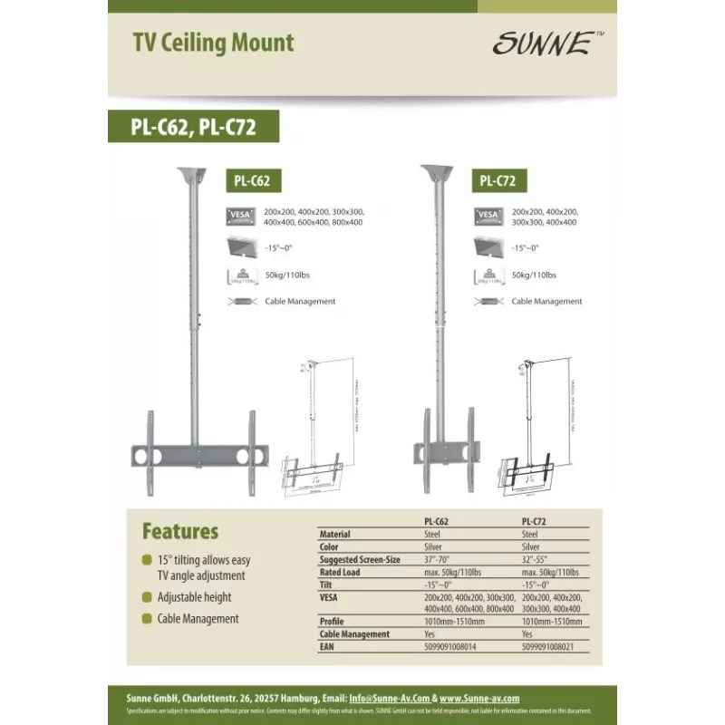 Sunne PL-C62 - Kit de montagem (suporte de teto) - para ecrã plano - Aço - Prateado - Tamanho do ecrã: 94-160 cm (37-63 polegadas)