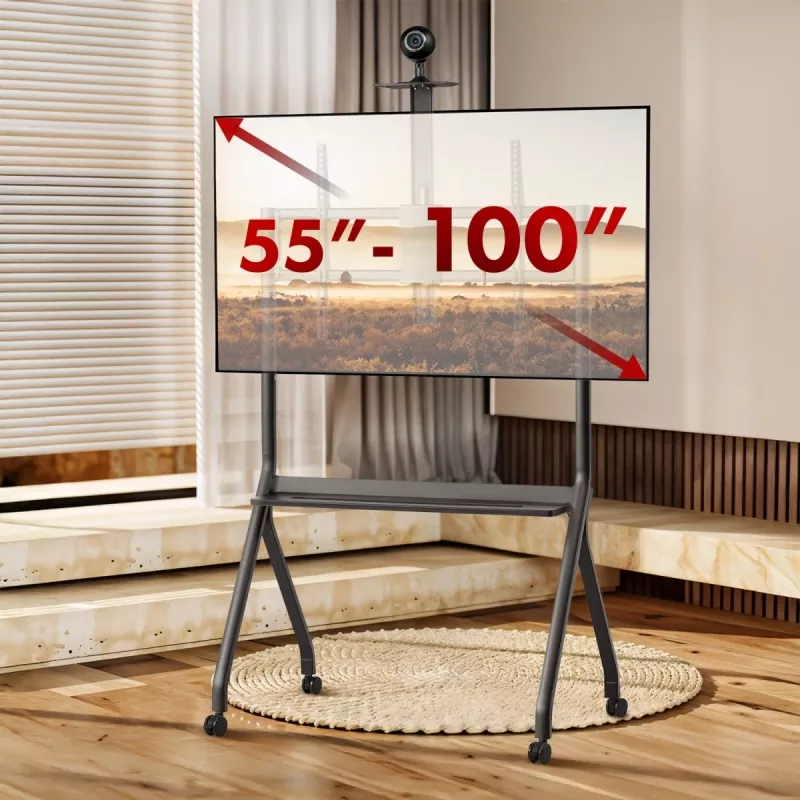 Suporte de TV MACLEAN MC-114 B suporte de chão portátil para ecrãs de 55–100 polegadas, carga máx. 120 kg, VESA 200x200–900x600, altura 115–152 cm, preto, prateleira