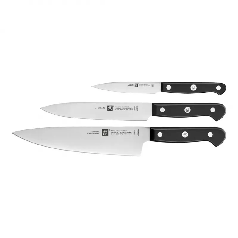 Conjunto de facas ZWILLING Gourmet 3 peças — lâminas de aço forjado 10/16/20 cm, cabos de plástico preto, lavável na máquina