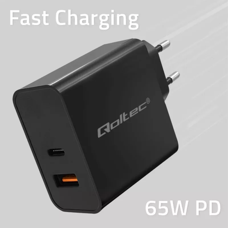 Carregador Qoltec 52380 Super Quick PD | 1xUSB-C | 1xUSB | 65W | 5-20V | 1,5-3,25A | preto