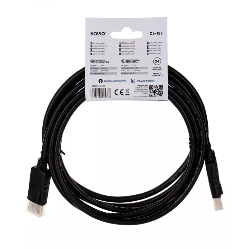 Cabo DisplayPort Savio CL-137 3 m preto