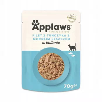 Alimento húmido para gatos Applaws Filete de Atum com Dourada 70 g — adulto, 16% proteína, 1% gordura, saqueta sem glúten e sem soja