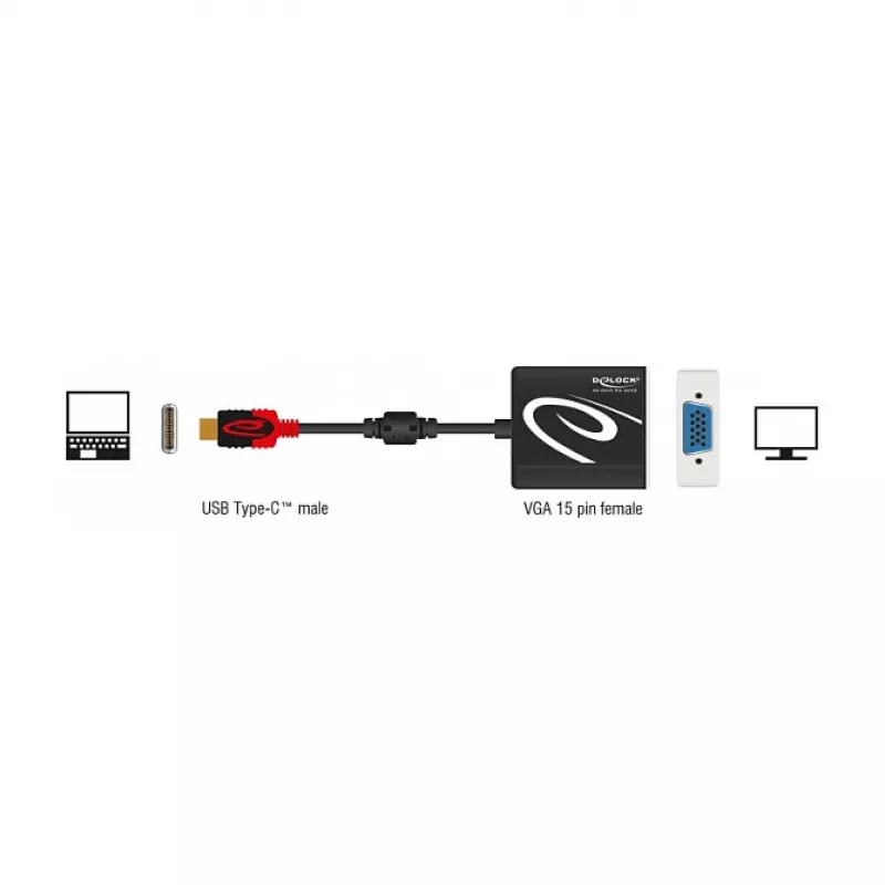 Adaptador de cabo de vídeo DeLOCK 62994 USB Type-C para VGA 0,2 m preto