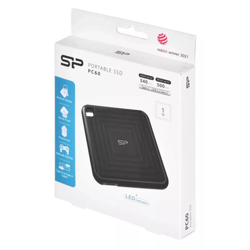SILICON POWER PC60 - SSD - 1TB - externo (portátil) - USB 3,2 Gen 2 - AES de 256 bits - preto (SP010TBPSDPC60CK)