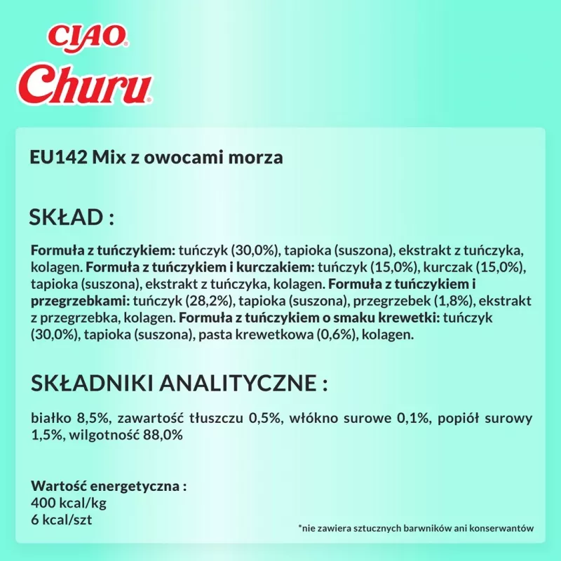 Snacks húmidos para gatos INABA Churu caixa sortida de atum com marisco — 40 x 14 g saquetas de pasta, sem cereais, sem açúcar