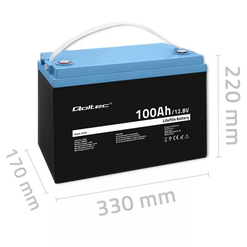 Bateria Qoltec 53705 de fosfato de ferro e lítio 100 Ah 12,8 V
