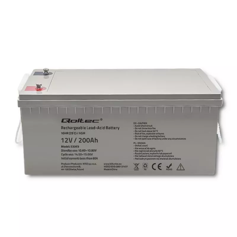 Bateria AGM recarregável QOLTEC 53069 12V 200Ah para alimentação de reserva e sistemas UPS