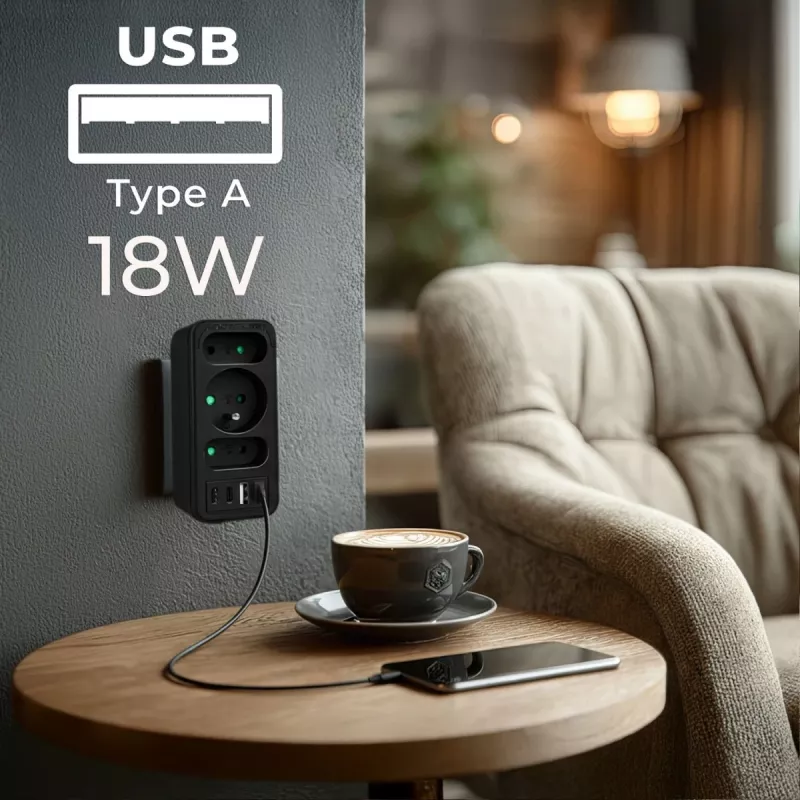 Power Splitter MACLEAN MCE248 F/B — 3 tomadas AC (1x16A, 2x6A) e 4 portas USB (2xUSB‑A, 2xUSB‑C PD 20W), ficha EU, preto