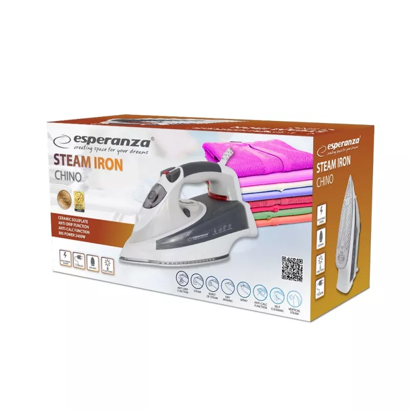 Esperanza CHINO EHI009 ferro a vapor 2400 W, base de cerâmica, depósito de 0,3 l, engomar a vapor e a seco, 220–240 V, 50–60 Hz, cabo de 1,5 m, branco