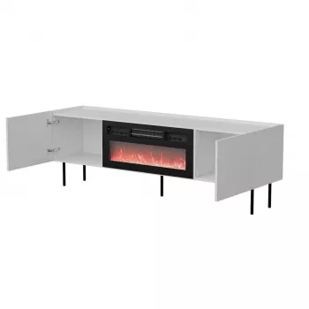 Móvel de TV cama meble LUCCA 180x40x59 cm, tampo e moldura brancos, lareira elétrica preta