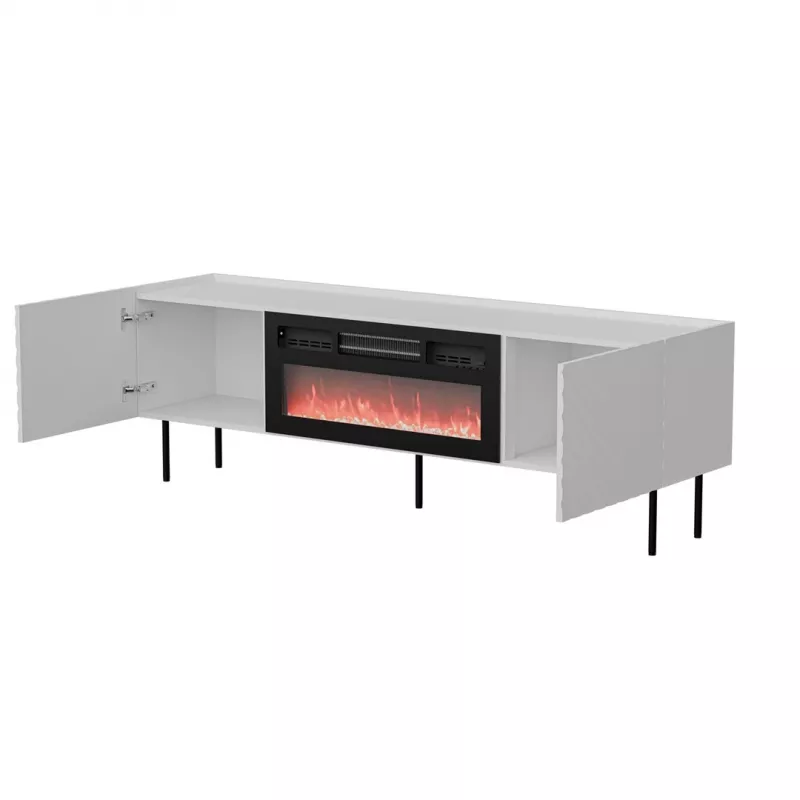 Móvel de TV cama meble LUCCA 180x40x59 cm, tampo e moldura brancos, lareira elétrica preta