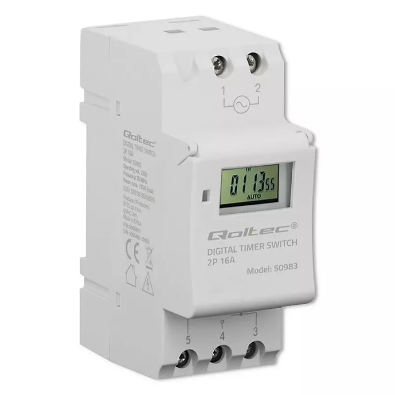 Temporizador eletrónico para calha DIN QOLTEC 50983, a pilhas, para circuitos de automação