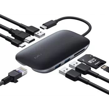 Dock para portátil AUKEY CB-C71 — 3x USB‑C (USB 3.2 Gen1), HDMI, RJ‑45, MicroSD, USB PD 100 W, cabo de 0,15 m, preto