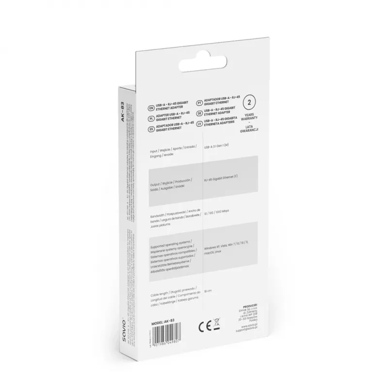 Adaptador de interface de rede SAVIO AK-83 USB Type-A para ficha RJ-45, 5 Gbit/s, preto