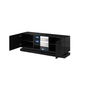 Móvel de TV cama meble QIU 160 — MDF preto brilhante, 1600×420×570 mm