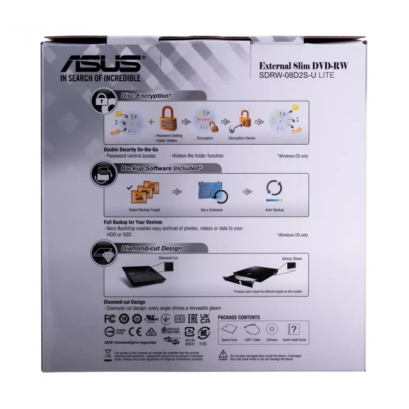 Unidade ótica externa DVD±RW ASUS SDRW-08D2S-U Lite, USB 2.0, preta, 24x CD / 8x DVD, 142×142×20 mm