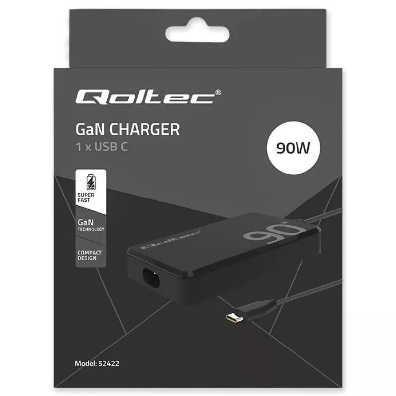 Carregador de parede Qoltec 90W GaN Super Fast SLIM | XP | 5-20V | 4,5A | USB-C 3.1 | Portátil | MacBook | Smartphone | + cabo