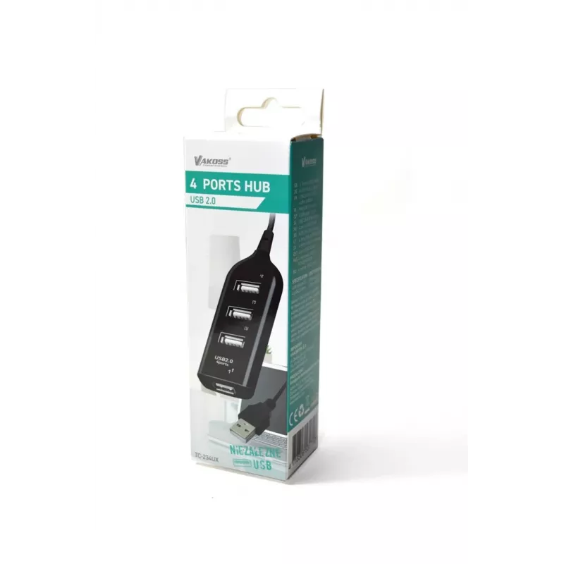 Hub USB VAKOSS TC-234UX — hub USB 2.0 de 4 portas, alimentação DC (5 V, 1 A), preto