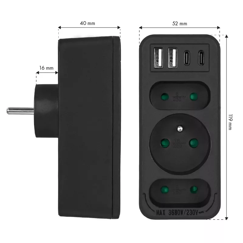 Power Splitter MACLEAN MCE248 F/B — 3 tomadas AC (1x16A, 2x6A) e 4 portas USB (2xUSB‑A, 2xUSB‑C PD 20W), ficha EU, preto