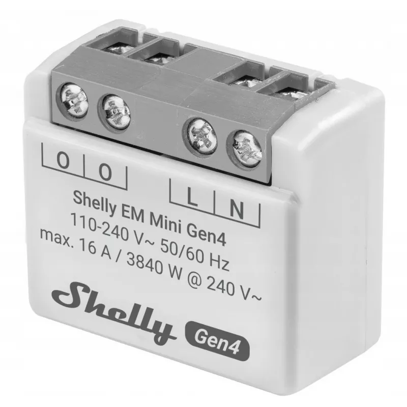 Relé inteligente Shelly Relay EM Mini Gen4 1 canal Wi‑Fi Matter Zigbee Bluetooth 8A, 110–240V, contador de energia