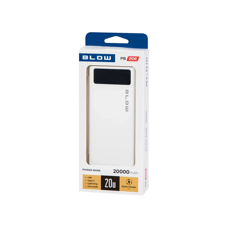 Powerbank portátil BLOW PB20E 20000mAh QC+PD 20W com USB-C, 2× USB-A, entrada Lightning, bateria de polímero
