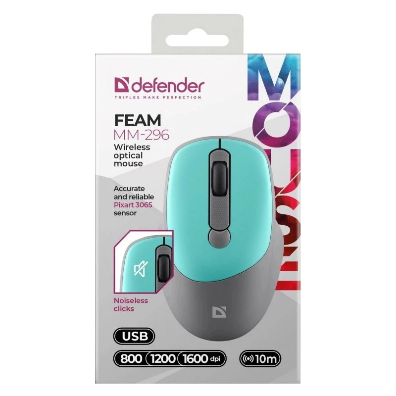 Defender Feam MM-296 52294 rato sem fios, clique silencioso, ótico, 1600 DPI, USB, menta