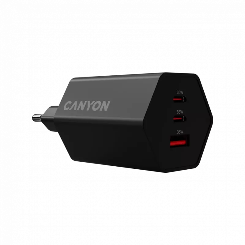 Carregador CANYON HEXAGON 65 GaN 65W 2xPD 1xQC UE preto (CND-CHAHEX65B)