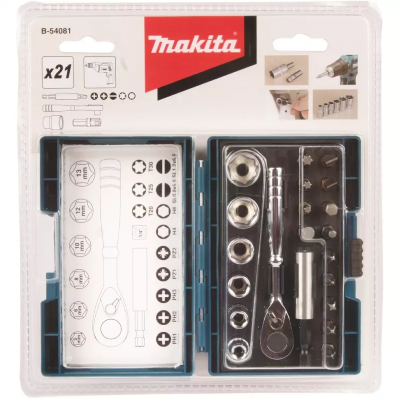 Conjunto de bits e chave de roquete Makita, 21 peças (B-54081)
