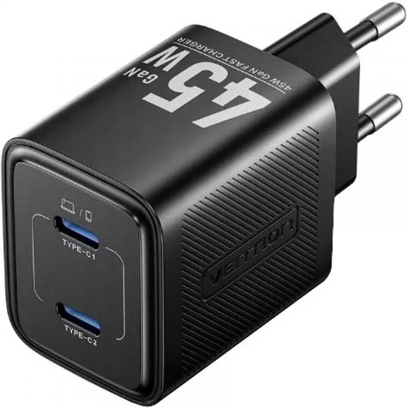 Vention FEFB0-EU carregador rápido AC de interior 45W 2× USB-C — para smartphone, portátil, tablet, smartwatch, auscultadores (preto)