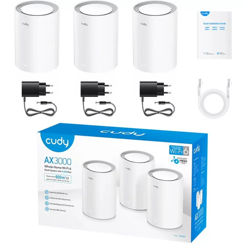 Cudy M3000 pack de 3 sistema Wi-Fi Mesh dual band (2,4 GHz / 5 GHz) Wi-Fi 6 (802.11ax) cinzento, branco 1 interno