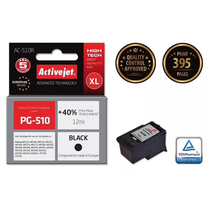 Cartucho de tinta ActiveJet AC-510R preto — compatível Canon, à base de pigmento 12 ml, alto rendimento (XL), embalagem individual