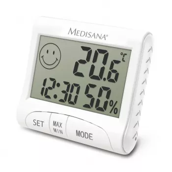 Higrómetro interior eletrónico Medisana HG 100 — termómetro digital, humidade do ar 20–90 %, temp. -10–50 °C, ecrã de mesa, pilha AAA
