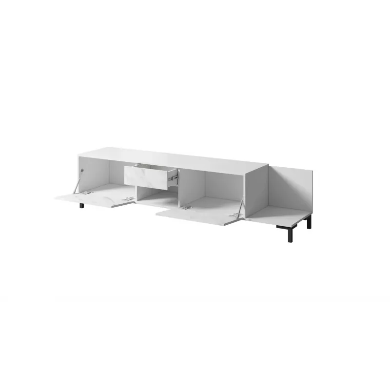 Móvel de TV Cama Meble MARMO 2D1S1K, 195x40x47,5 cm, branco mate/tampo superior branco mármore