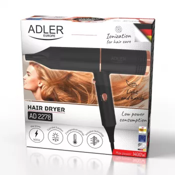 Secador de cabelo Adler AD 2278 — 1400 W, 2 níveis de calor, função iões, cabo dobrável, preto