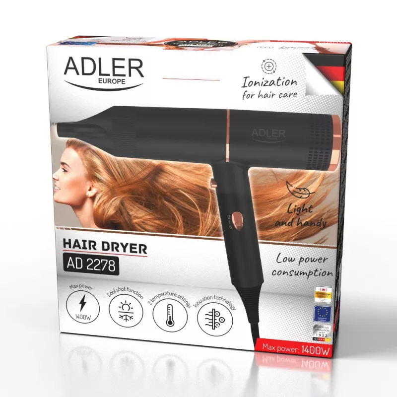 Secador de cabelo Adler AD 2278 — 1400 W, 2 níveis de calor, função iões, cabo dobrável, preto
