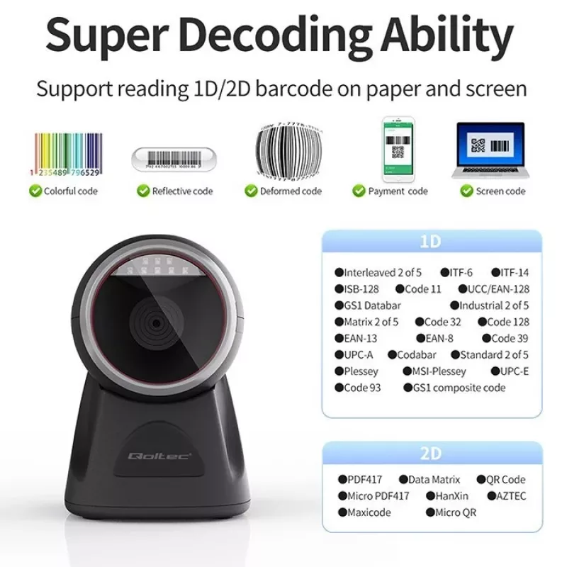 Leitor de códigos de barras de mesa Qoltec para códigos 1D e 2D, leitor de QR, preto