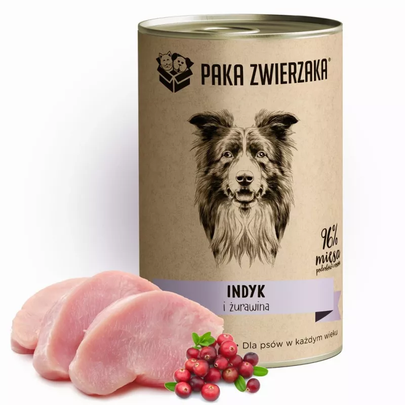 Comida húmida para cães PAKA ZWIERZAKA Peru e Arandos 400 g lata, monoproteica, sem glúten e sem soja