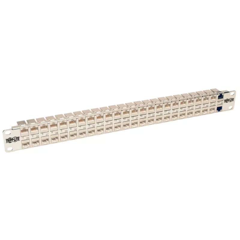 Tripp N254-048-SH-6A 48 portas 1 U montagem em rack patch panel Cat6a STP blindado pass-through - RJ45 Ethernet - TAA - 10 Gigabit Ethernet - RJ-45 - Cat6a - prateado - branco - instalação em rack