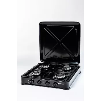 Fogão a gás Ravanson K-04TB — placa de fogão a gás de encastre com 4 queimadores, preto, botões rotativos, caixa metálica