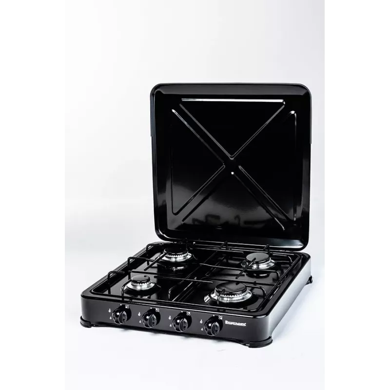 Fogão a gás Ravanson K-04TB — placa de fogão a gás de encastre com 4 queimadores, preto, botões rotativos, caixa metálica
