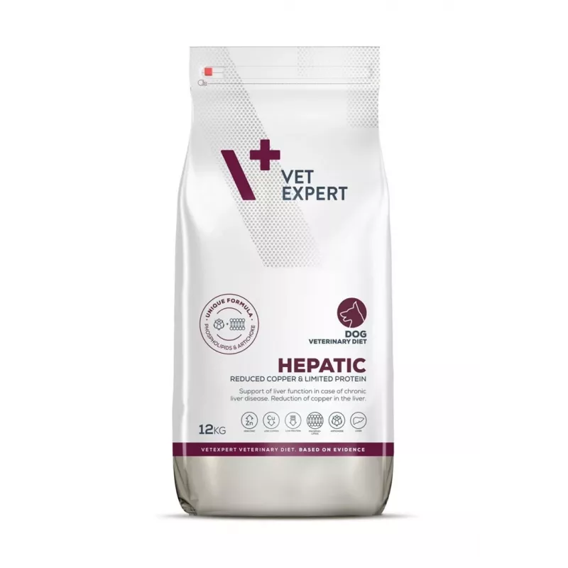 Comida seca para cães VETEXPERT Veterinary Diet Hepatic 12 kg — alimentação dietética para suporte hepático, sabor a carne, para cães adultos 10–15,9 kg