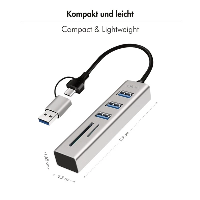 Hub USB 3.0 USB-A, slot SD/microSD, 2 em 1