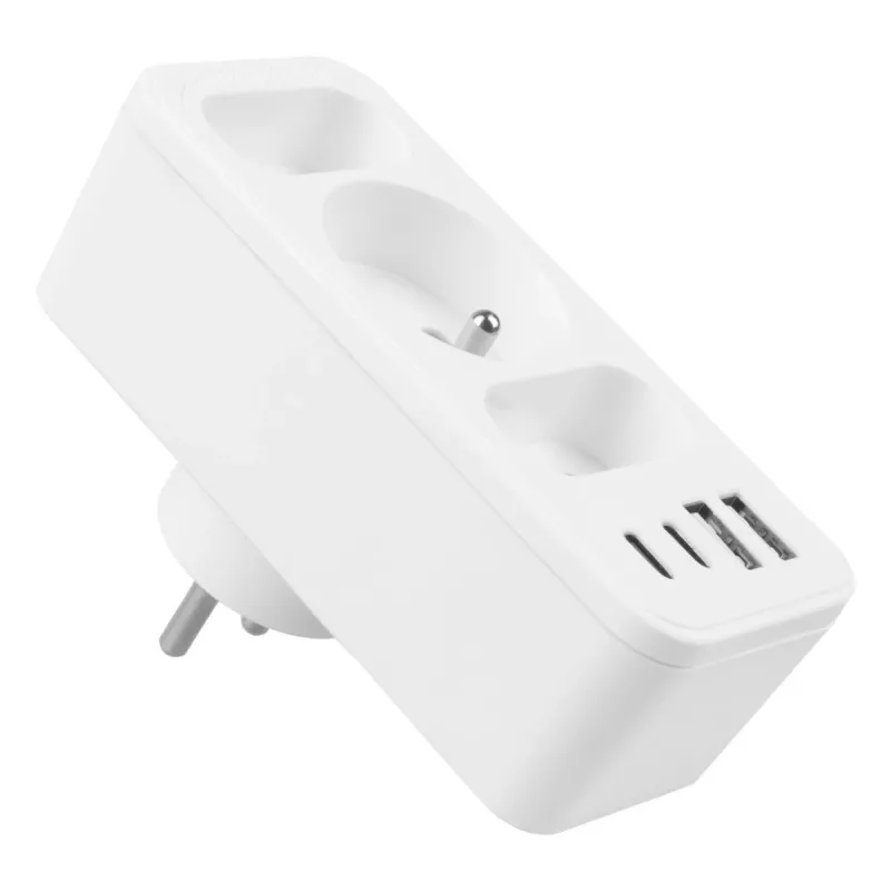 Power Splitter MACLEAN MCE248 F/W — 3 tomadas AC (1×16A, 2×6A) + 4×USB (2×A, 2×C PD 20W), ficha EU, branco